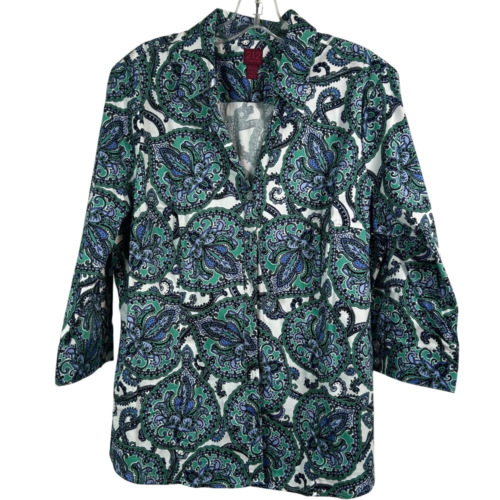 212 Collection Womens XL Paisley Button Down Shirt 3/4 Sleeve Green Blue Stretch